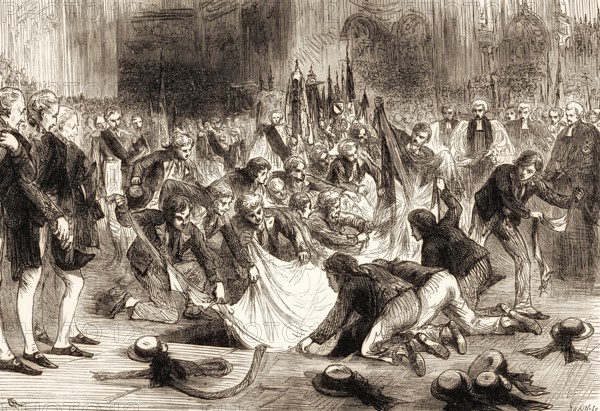 Horatio Nelson's funeral at St Paul's Cathedral on 9 January 1805, sailors tearing his flag apart