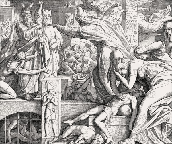 The tenth Plague: Death of Egyptians' firstborn children, Old Testament, by Julius Schnorr von