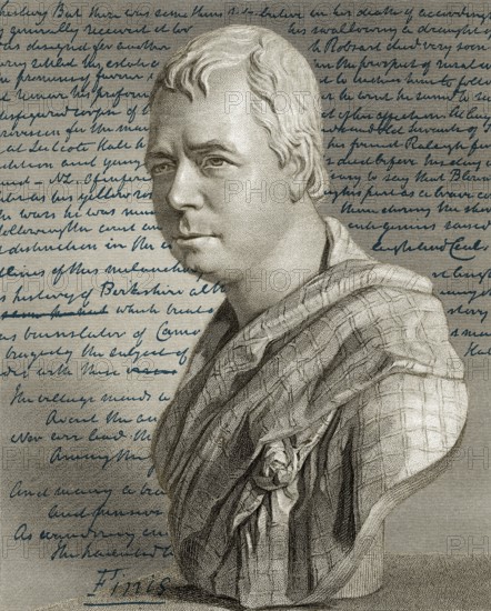 Porträt und Manuskript des Romans Kenilworth von Sir Walter Scott, 1. Baronet von Abbotsford, 1771