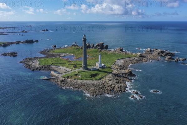 Aerial view island Ile Vierge with lighthouses Phare de l'Ile Vierge, old lighthouse from 1845 and