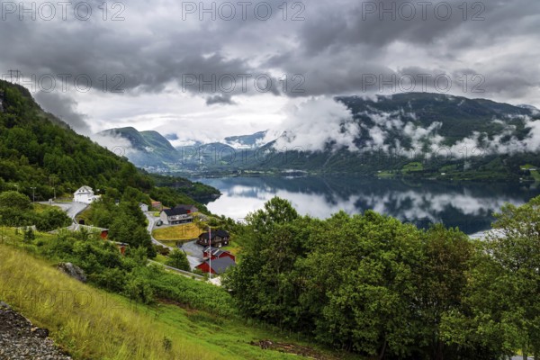 Beginning of the Hardangerfjord. Scenic road in the mountains of Western Norway. Scandinavia.