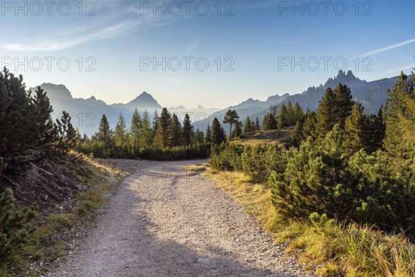 Wide trail in the Dolomites. Hiking trip, Walking path in dolomites landscape. The Tofane Group in
