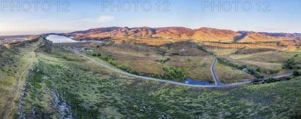 Aerial panorama of foothills near Fort Collins, Colorado with Horsetooth Reservoir, Lory State