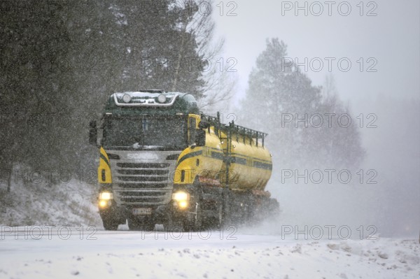 SALO, FINLAND, FEBRUARY 24, 2017: Colorful tank truck of Kuljetusliike K. Pekki transports goods