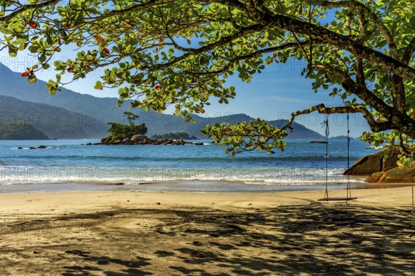 Wild beach of Castelhanos and its paradisiacal tropical landscape on the island of Ilhabela in Sao