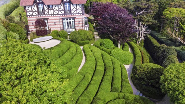 Etretat gardens, garden, village, Etretat, garden path, Normandy, Topiary, bush, house, distant,