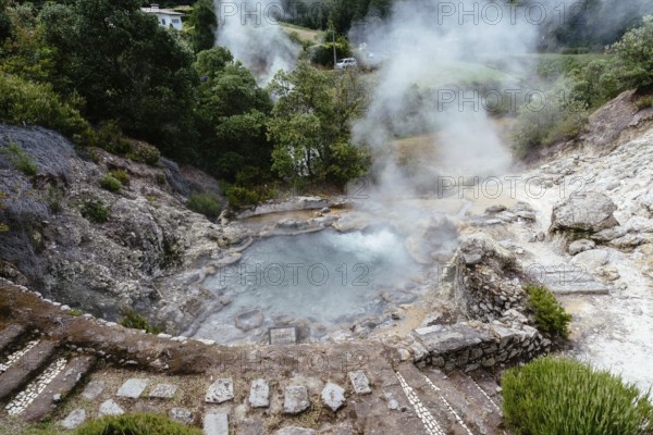 Volcanic hotsprings Of The Lake Furnas. Sao Miguel, Azores. Lagoa das Furnas Hotsprings. Steam