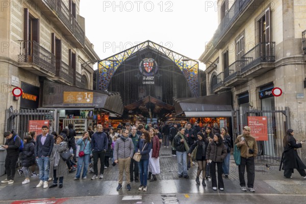Entrance to the famous public market hall Mercat de la Boqueria on Rambla Street, Barcelona,