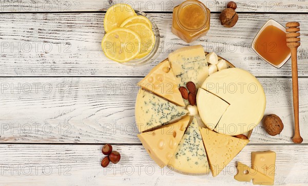 Blauer Käse, gorgonzola, roquefort, parmesan, mozzarella, maasdam mit Honig und Nüsse, Sortiment