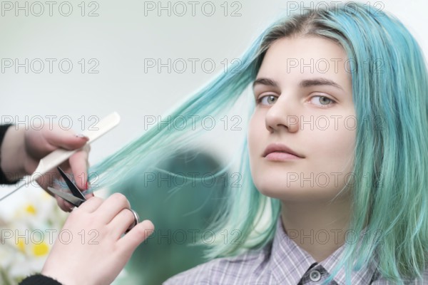 Hairdresser cutting with scissors long green hair of young woman. Hair care in professional beauty