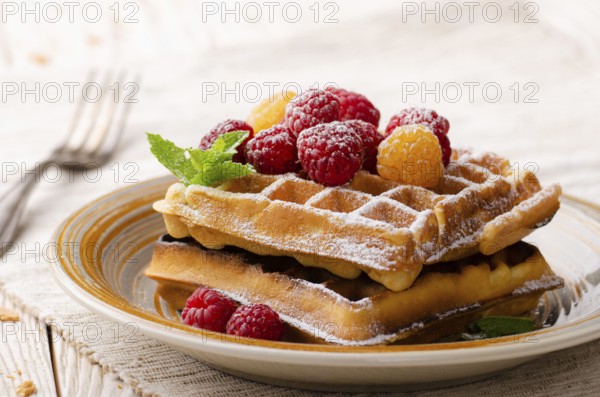 Belgian waffles served with raspberries and mint leaf dusted with powdered sugar on white wooden