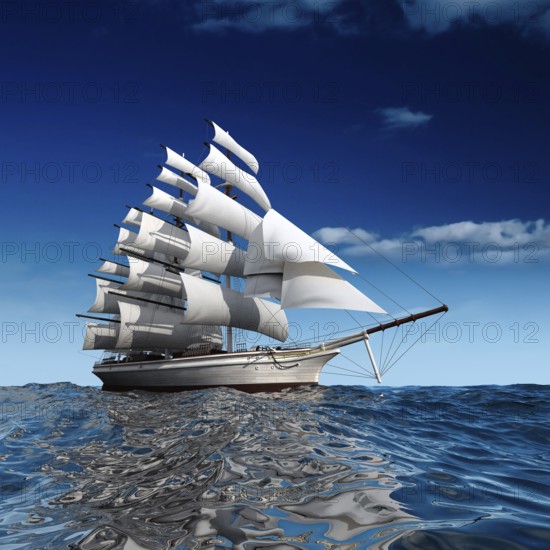 Sailing ship in the vast ocean with small waves is getting all the sails filled with sea breeze
