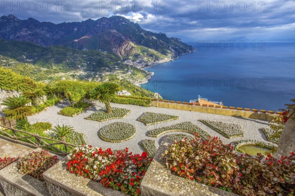 View of Villa Ruffalo and the Tyrrhenian Sea on the Amalfi Coast in the Campania region of southern