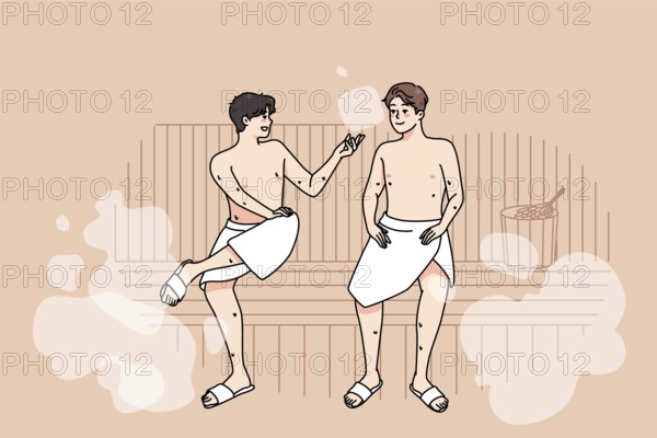 Happy male friends in towels relax in sauna on weekend together. Smiling men enjoy bathhouse
