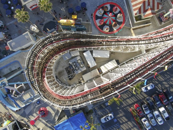 Aerial view of iconic Giant Dipper roller coaster in Belmont Park, an amusement park built in 1925