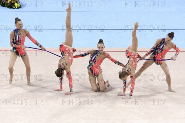 Sofia, Bulgaria - 6 May, 2017: Team Belarus performs during Rhythmic Gymnastics World Cup Sofia