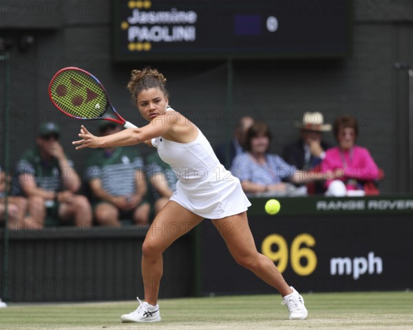 Italian tennis player Jasmine Paolini in action at the 2024 Wimbledon Championships, London,