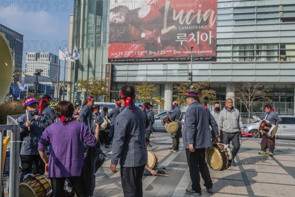 Seoul, South Korea, November 10, 2018: Unidentified members of Korean drum group waiting to perform
