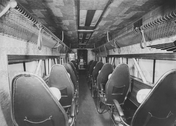Aircraft interior of the 1930s. Interior of a Fokker aircraft with the cabin and seats, no