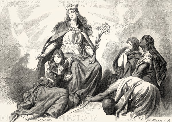 The virgin Mary, Gretchen and three biblical holy women plead for Faust's soul, act V, Faust II,