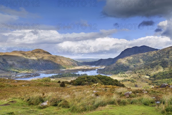 Landscape from Ladies View is a scenic viewpoint on the Ring of Kerry tourist route. Ireland