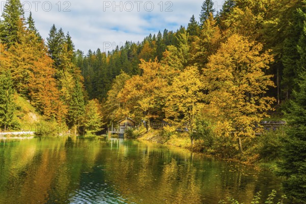 Fantastically beautiful autumn forests are reflected in the quiet lake Lago de Fusine. Easy ripples