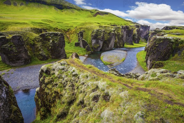 Magic canyon Fyadrarglyufur in Iceland. Green Tundra in July. Bizarre shape of cliffs and stream
