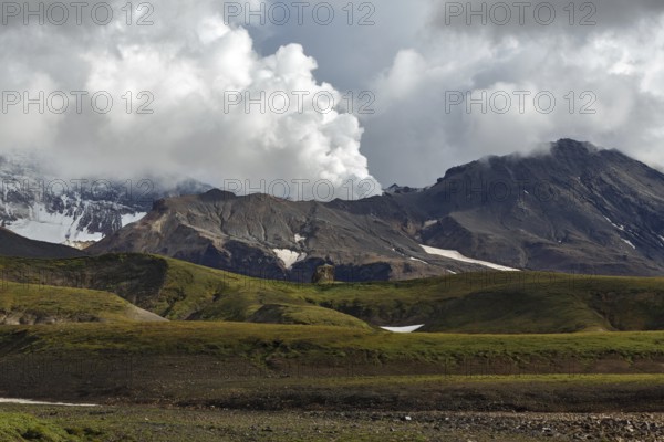 Beautiful volcanic landscape of Kamchatka Peninsula: picturesque view of active Mutnovsky Volcano,