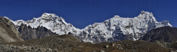 Panorama of Mount Everest and Lhotse, two of the highest mountains in the world, of Himalayas in