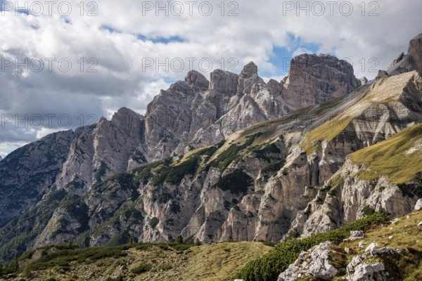 Scenic calm mountain landscape in the surroundings of the famous Three Peaks mountains, Dolomites