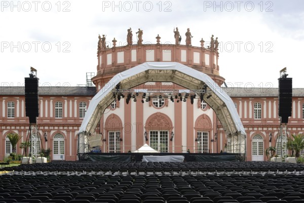 Wiesbaden, Germany - July 14, 2016: A concert stage set up with rows of seats for a classical