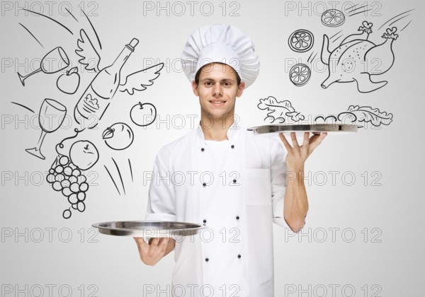 Sexy young waitress in a restaurant serving silver trays with sketchy food and drinks to customers