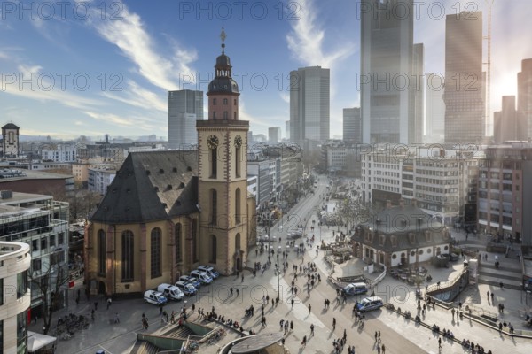 Frankfurt city centre near Hauptwache with St. Catherine's Church, skyline in the background at