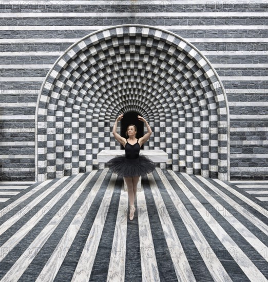 Ballerina in a black tutu poses in front of modern, stripe-patterned, symmetrical granite