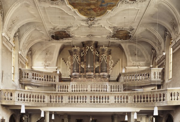 Volkach on the Main. Parish church of St. Bartholomew from 1413, baroqueised from 1727. View of the