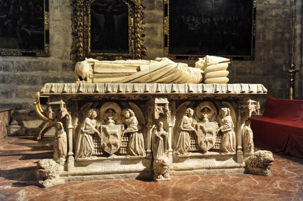 Cathedral of Santa María de la Sede in Seville, Andalusia, Spain, Magnificent stone tomb in a