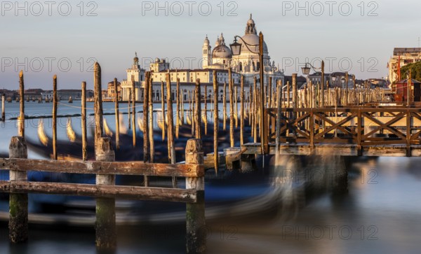 Gondola jetty, Venetian gondolas with the church of Santa Maria della Salute in the background,