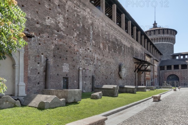Inside the Sforza Castle (Castello Sforzesco) in Milan (ITALY). One of the main travel attractions