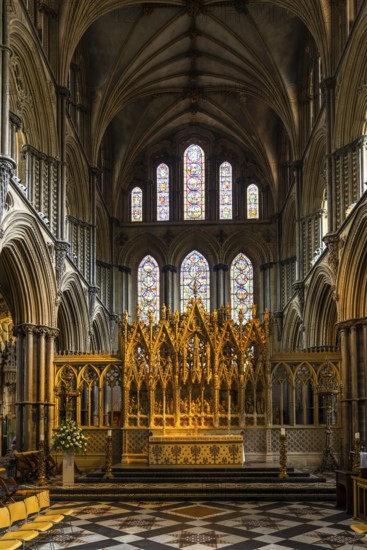 Ely, United Kingdom - 12 June, 2022: interior view of the Ely Cathedral with the choir and altar in