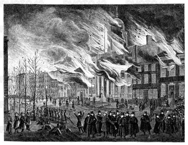 The Great Fire of New York in 1835. Vintage engraving from Harpers Monthly magazine 1881. by the