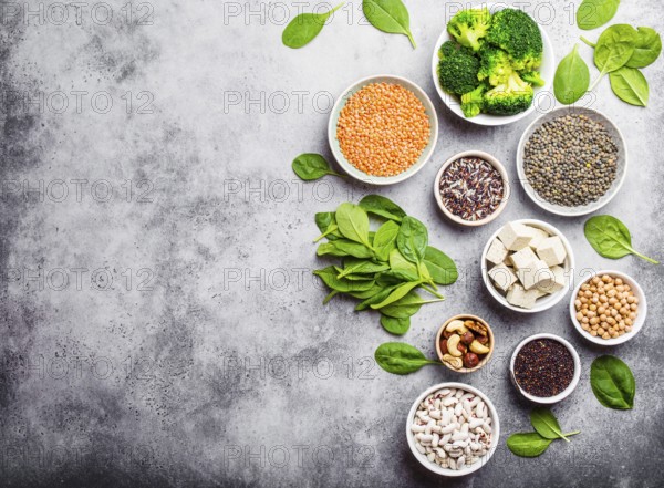 Top view of different vegan protein sources with space for text: beans, lentils, quinoa, tofu,