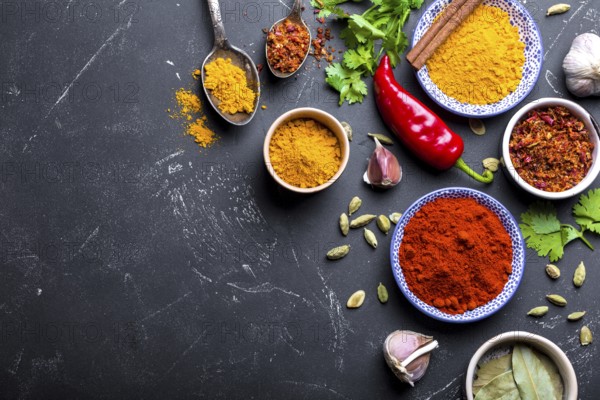 Set of Indian food cooking ingredients. Traditional Indian assorted spices and herbs. Curry,