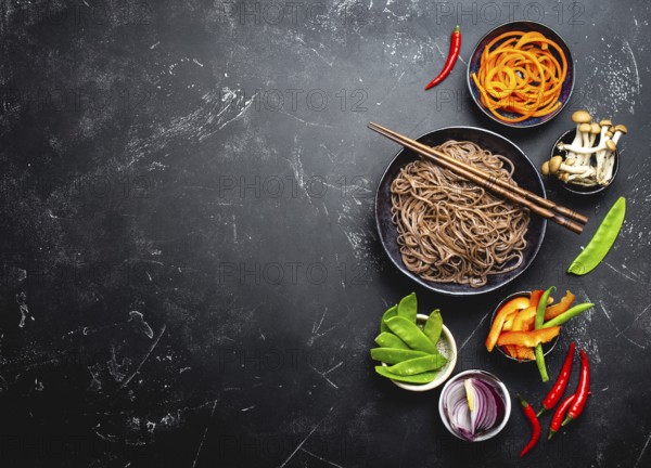 Ingredients for making stir-fried noodles soba. Cut fresh vegetables, mushrooms, boiled soba