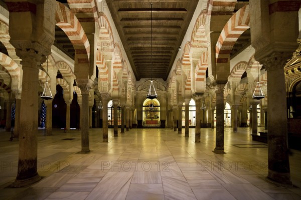 Hypostyle Prayer Hall in the Mezquita (The Great Mosque) with columns of jasper, onyx, marble, and