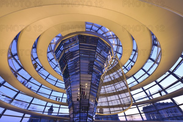 Reichstag in Berlin, the photo shows the dome of the Reichstag with the walkable spiral inside. The