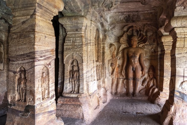 8th century Bahubali in Cave 4, Badami Jain cave temple in Badami, Karnataka, South India, India,