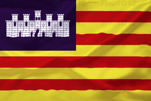 Spain, Catalonia, national flag, national flag, flag, flagpole, cumulus clouds against blue sky,