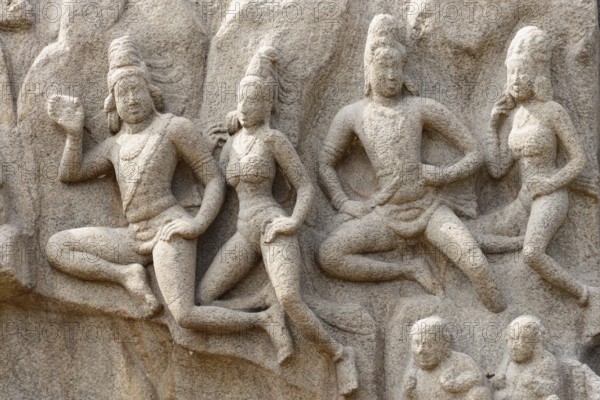Descent of Ganga, bas-relief, detail, Detailed stone relief with dancing figures in dynamic pose,