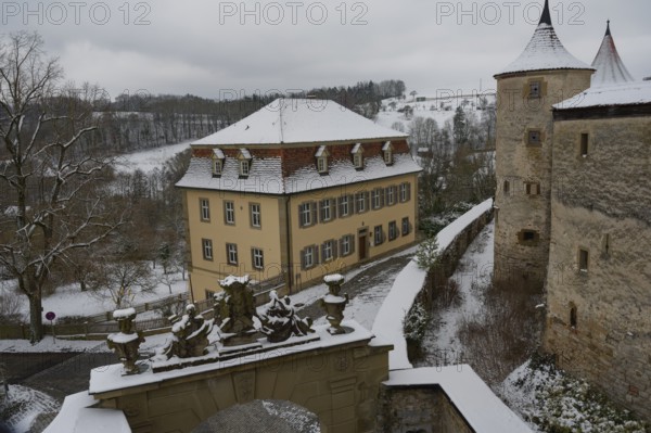 Medieval battlements at Comburg Castle, Benedictine monastery, Way of St James, Kocher Valley,