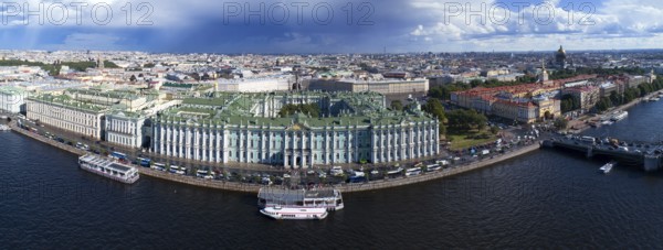 Aerial panorama of the Neva River, Hermitage, Winter Palace, Admiralty, the city center of St.